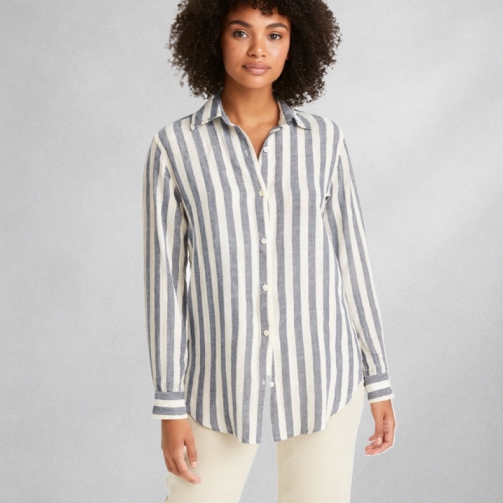 Club Room Luxury 100% Linen Women’s Shirt S Button-Down Blue White Stripe